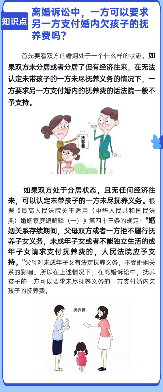 离婚诉讼中，一方可以要求另一方支付婚内欠孩子的抚养费吗？