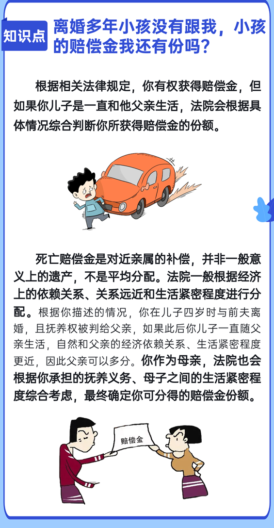 离婚多年小孩没有跟我，小孩的赔偿金我还有份吗？